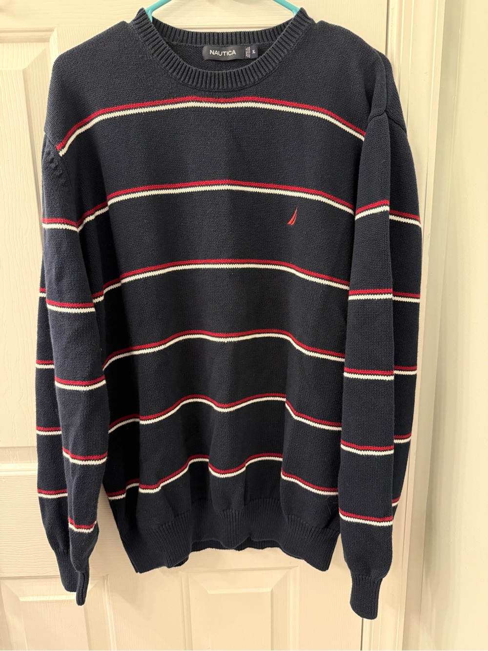 Nautica crewneck sweater blue,red and white horizontal stripes embroidered logo